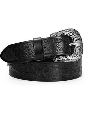 Unisex Black Leather Belt Vintage Western Cowboy Belt Engraved Buckle Belt